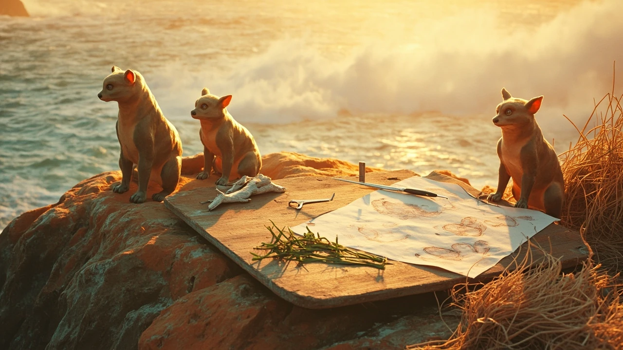 Concept art of the three Pokemon Winds and Waves starters on a coastal cliff