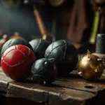 A close-up of four quidditch balls arranged on a wooden bench, showing which ball in quidditch is the largest