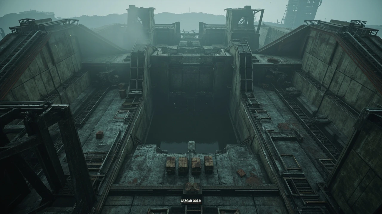 Top-down tactical view of a concrete dam battleground with marked supply drop landing pads