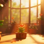 A player character holding a glowing burning bud seed in a lush Grow a Garden greenhouse