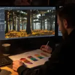 A GameDev environment artist staging a woody plants gag with falling leaves in a stylized forest scene